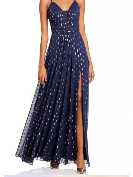 Aqua Dresses & Skirts - AQUA Formal Celestial Navy & Gold Metallic Foil Maxi Dress SZ 12 Floor Length